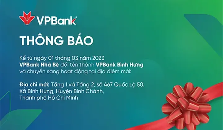 VPBank Nhà Bè đổi tên thành VPBank Bình Hưng và thay đổi địa điểm hoạt động
