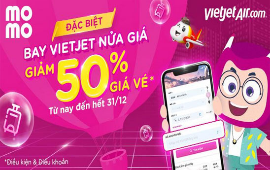 Đặt mua vé bay Vietjet trên MoMo được giảm đến 50%