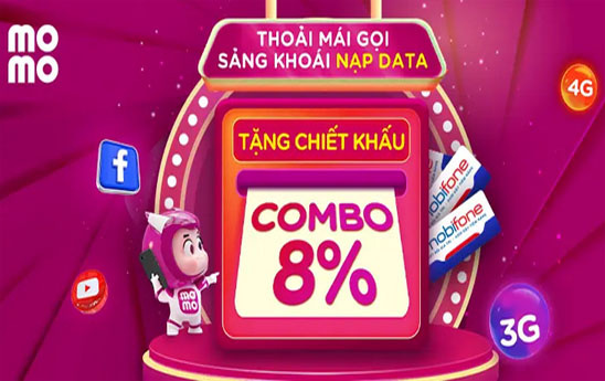 Khuyến mãi nạp combo data tăng từ 3% lên 8% trên MoMo