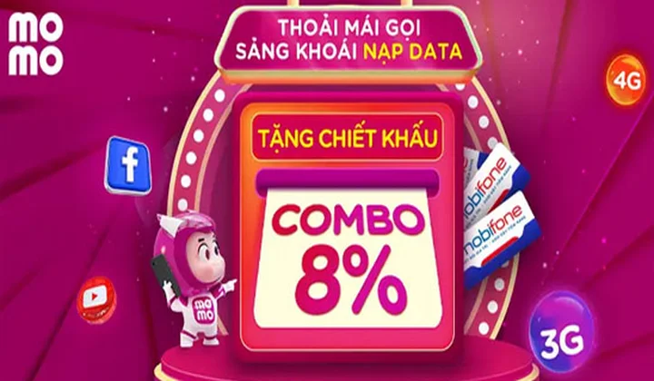 Khuyến mãi nạp combo data tăng từ 3% lên 8% trên MoMo