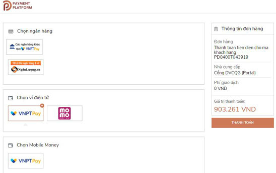 VNPT cung cấp giải pháp thanh toán bằng Mobile Money trên Cổng Dịch vụ công Quốc gia