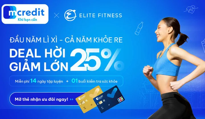 Chủ thẻ tín dụng Mcredit được giảm 25% khi mua gói tập luyện tại Elite Fitness