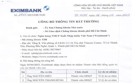 02 thành viên Hội đồng quản trị của Eximbank từ nhiệm
