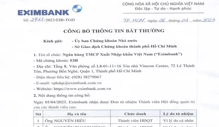 02 thành viên Hội đồng quản trị của Eximbank từ nhiệm