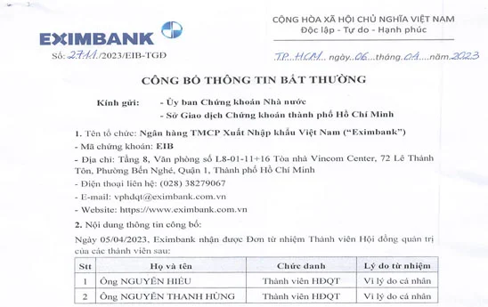 02 thành viên Hội đồng quản trị của Eximbank từ nhiệm