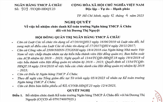 Bà Dương Thị Nguyệt được bổ nhiệm giữ chức Kế toán trưởng ACB