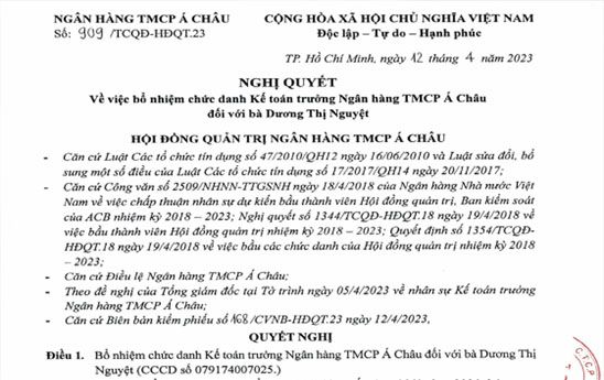 Bà Dương Thị Nguyệt được bổ nhiệm giữ chức Kế toán trưởng ACB