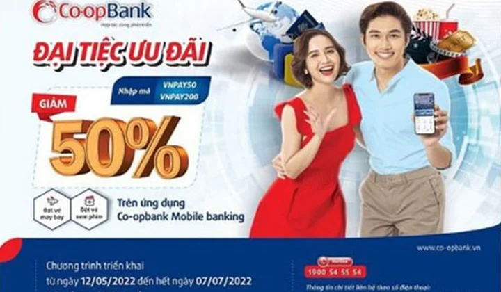 Giảm 50% dịch vụ đặt vé máy bay và vé xem phim trên ứng dụng Co-opBank Mobile Banking