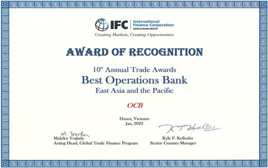 OCB nhận giải thưởng “Ngân hàng chuyên nghiệp nhất trong hoạt động tài trợ thương mại” năm 2021