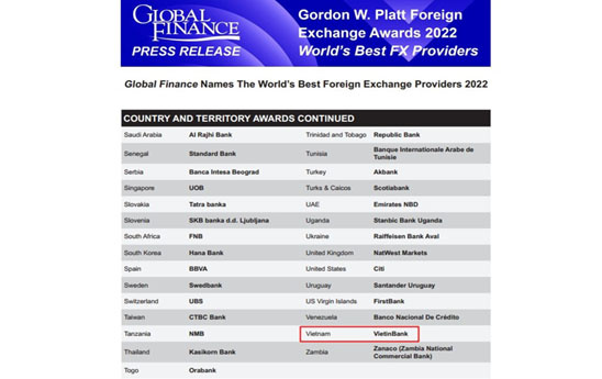 VietinBank lần thứ 5 liên tiếp nhận giải “Ngân hàng cung cấp dịch vụ ngoại hối tốt nhất Việt Nam”