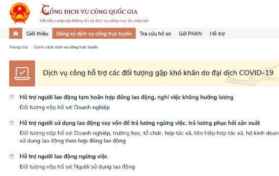 Dịch vụ công hỗ trợ các đối tượng gặp khó khăn do đại dịch COVID-19