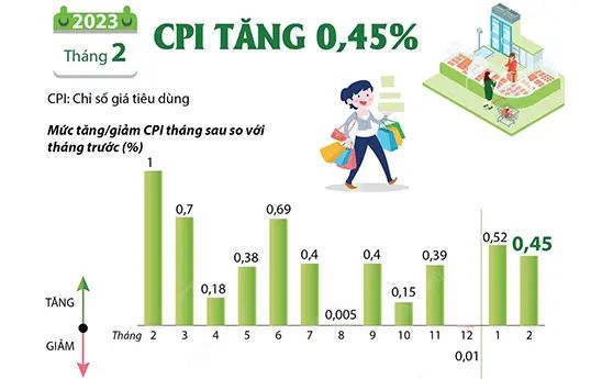 CPI tháng 2/2023 tăng 0,45% so với tháng trước