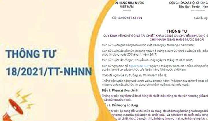 Thông tư 18/2021/TT-NHNN quy định về hoạt động tái chiết khấu công cụ chuyển nhượng giữa các tổ chức tín dụng, chi nhánh ngân hàng nước ngoài