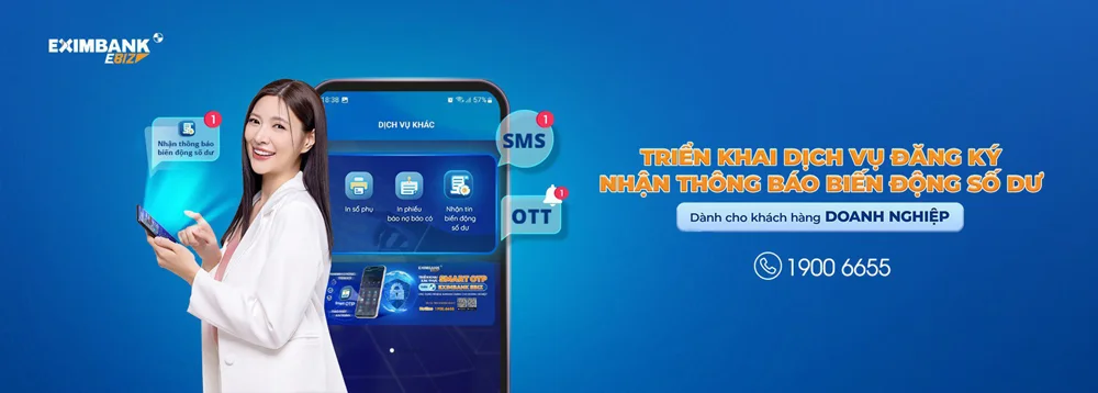 Khách hàng có thể dễ dàng thực hiện việc đăng ký và hủy dịch vụ trên ứng dụng Eximbank EBiz