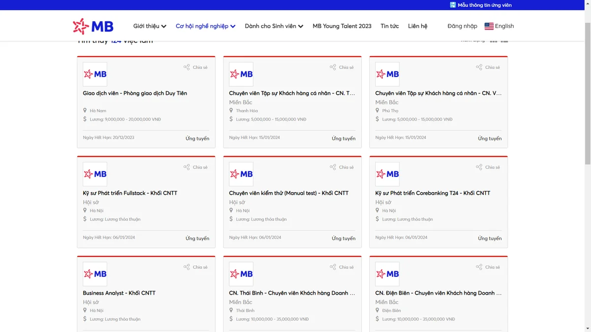 MBBank tuyển dụng các vị trí chuyên viên, kỹ sư, giao dịch viên năm 2024