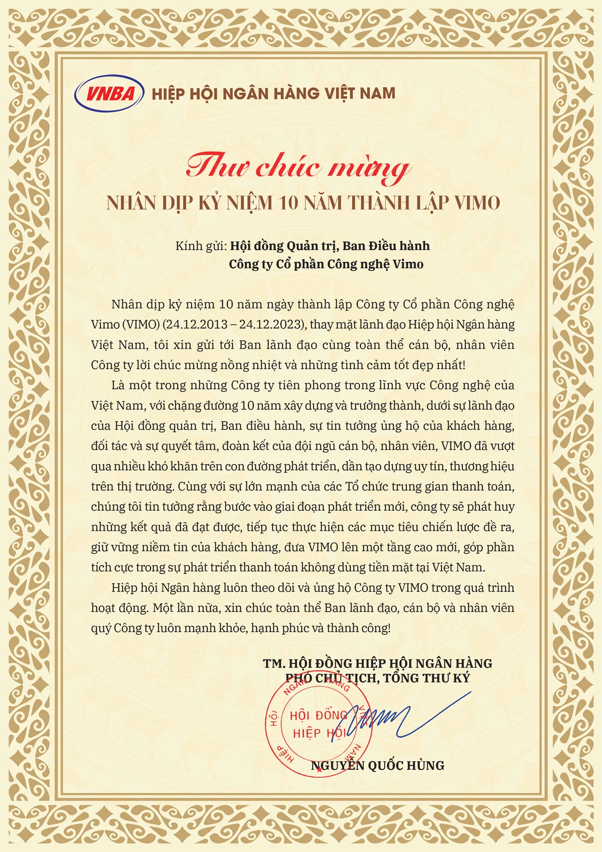 Hiệp hội Ngân hàng Việt Nam chúc mừng Vimo nhân dịp kỷ niệm 10 năm thành lập