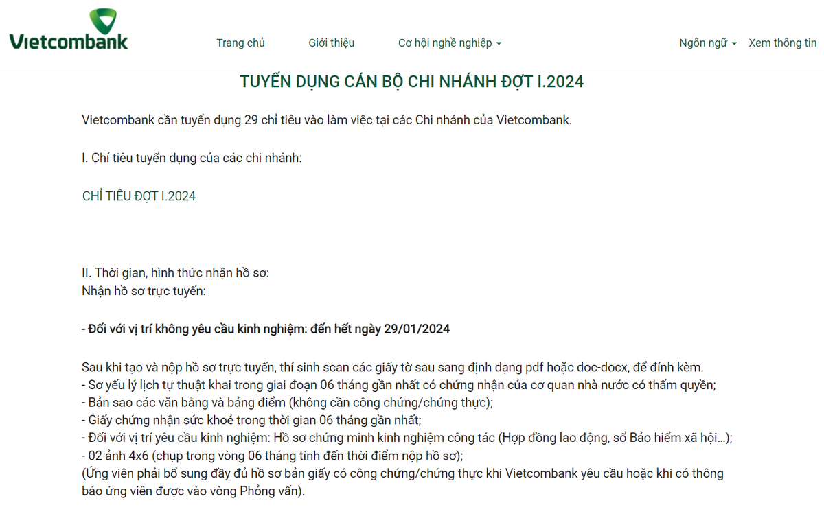 Vietcombank tuyển dụng cán bộ chi nhánh đợt I/2024