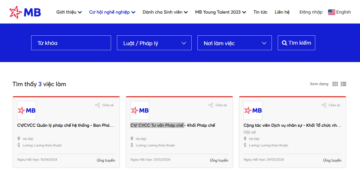 MB Bank tuyển dụng nhân sự Ban pháp chế