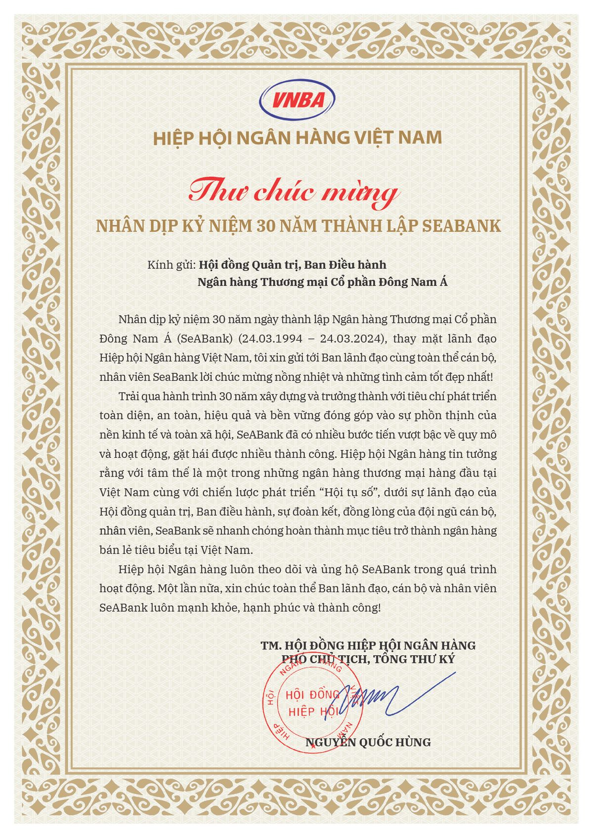 Hiệp hội Ngân hàng Việt Nam chúc mừng SeABank nhân dịp kỷ niệm 30 năm thành lập