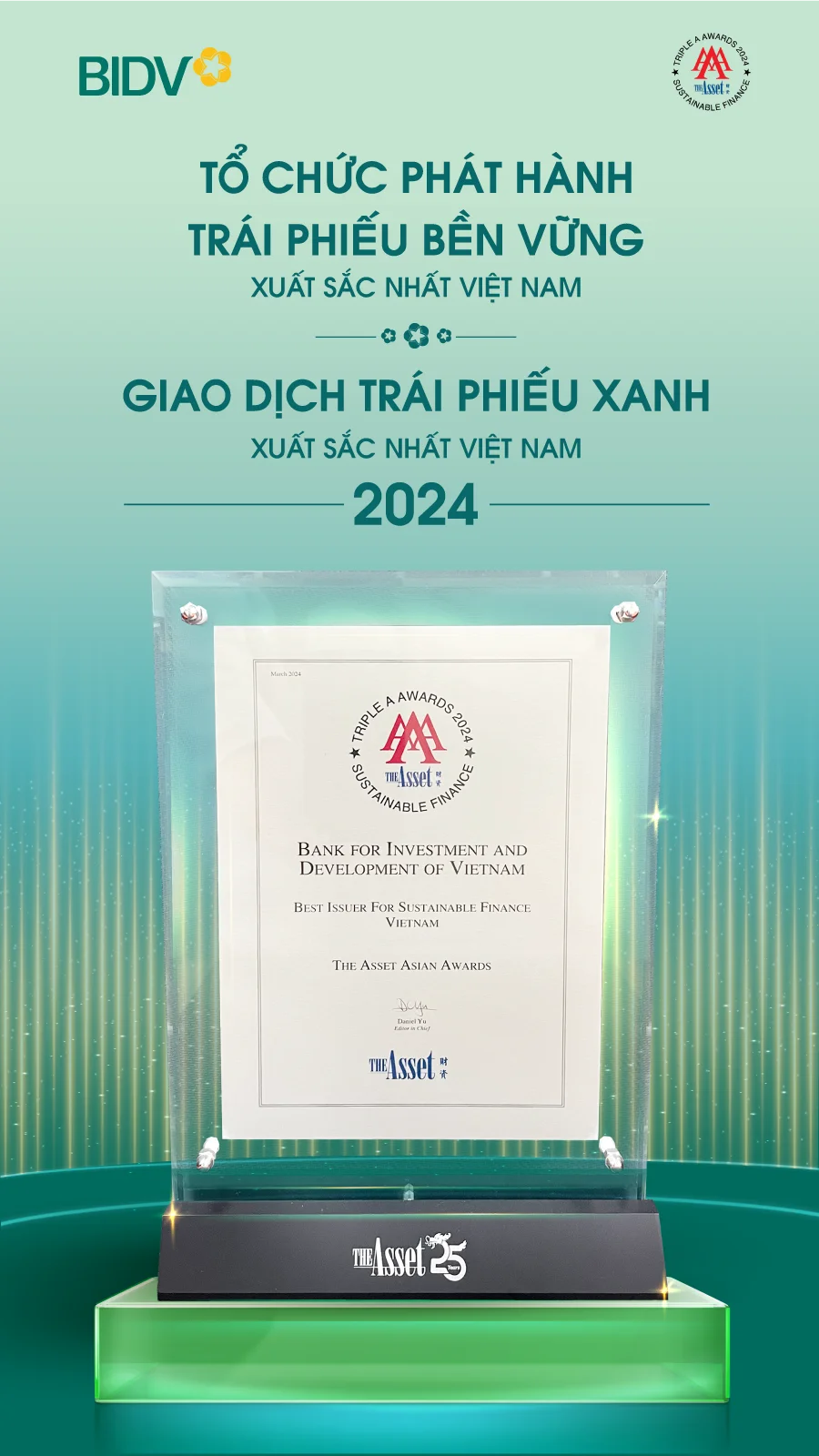 BIDV được The Asset vinh danh với 2 giải thưởng về tài chính bền vững
