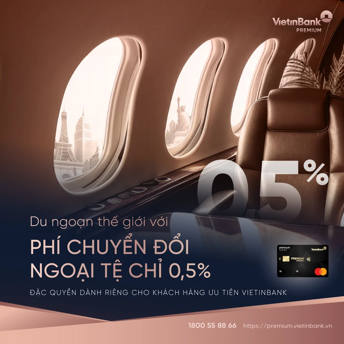 Chủ thẻ tín dụng quốc tế Premium Banking chỉ mất phí chuyển đổi ngoại tệ là 0,5% và phí xử lý giao dịch ngoại tệ là 1% giá trị giao dịch