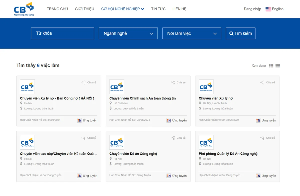 CB Bank tuyển dụng nhiều vị trí chuyên viên/cấp cao