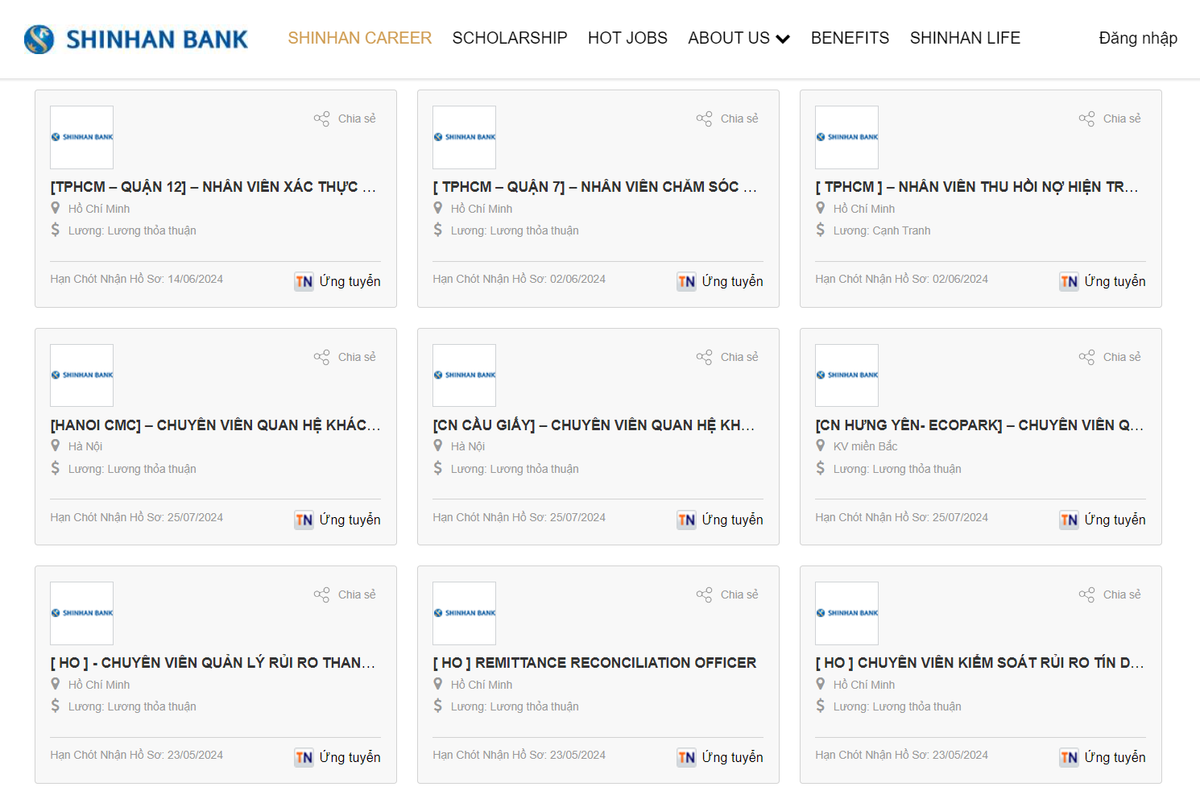 Shinhan Bank tuyển dụng nhiều vị trí mới cho quý II/2024