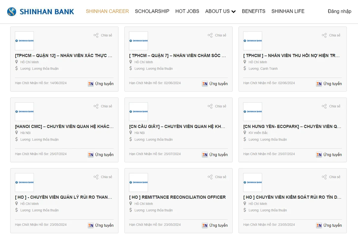 Shinhan Bank tuyển dụng nhiều vị trí mới cho quý II/2024