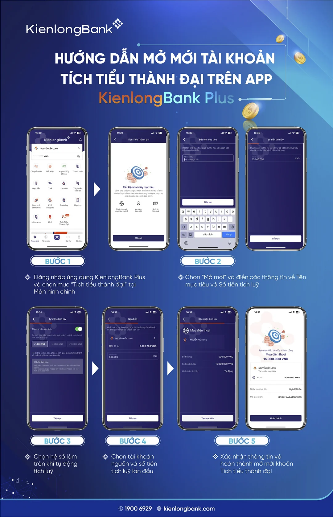 Hướng dẫn mở mới tài khoản Tích tiểu thành đại trên app KienlongBank Plus