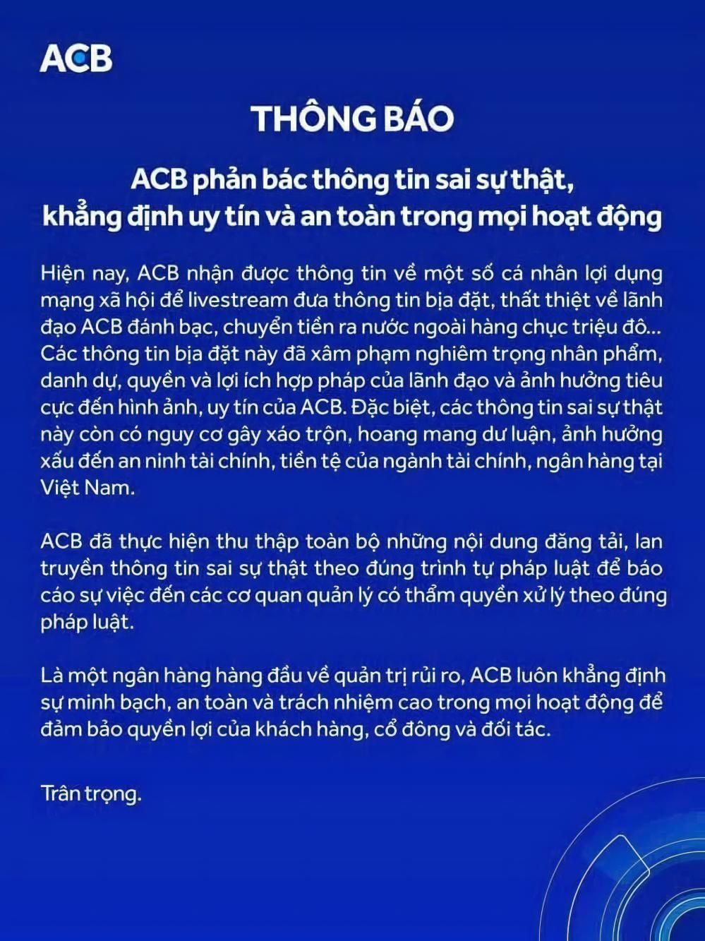 ACB phản bác thông tin sai sự thật về lãnh đạo ngân hàng