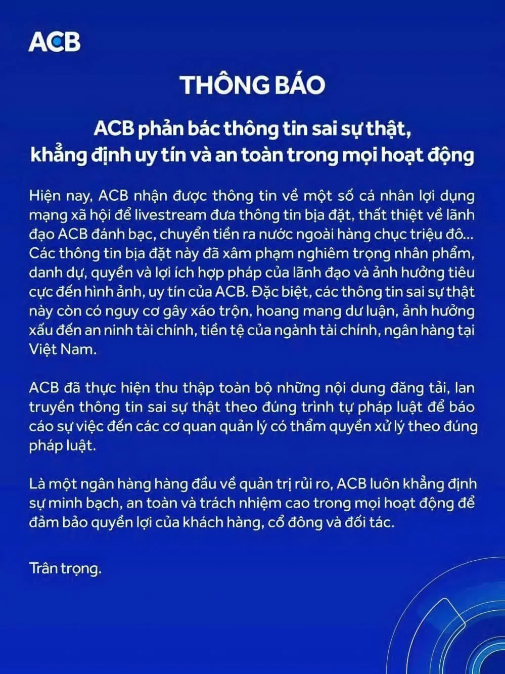 ACB phản bác thông tin sai sự thật về lãnh đạo ngân hàng