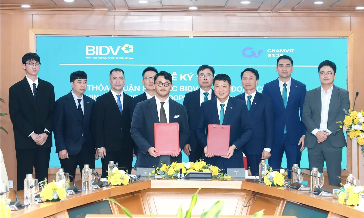 Tổng Giám đốc BIDV Lê Ngọc Lâm và Phó Chủ tịch Tập đoàn Chamvit Lee Ho Seong đại diện 2 đơn vị ký Thỏa thuận hợp tác