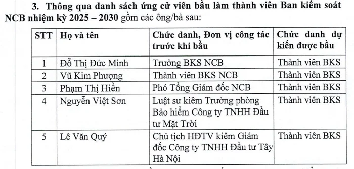 Nguồn: Tài liệu ĐHĐCĐ NCB bất thường.