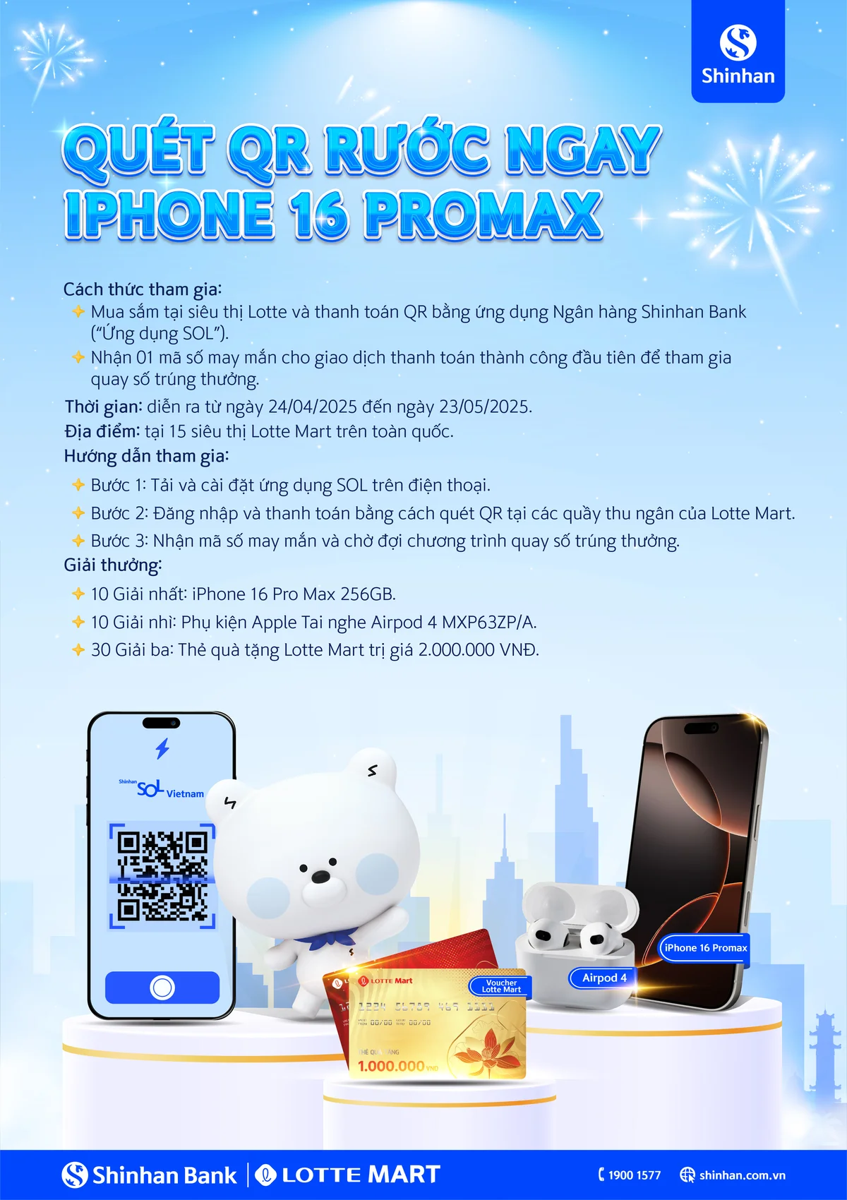 Cơ hội sở hữu Iphone 16 promax từ ngân hàng Shinhan khi mua sắm tại hệ thống siêu thị Lotte Mart