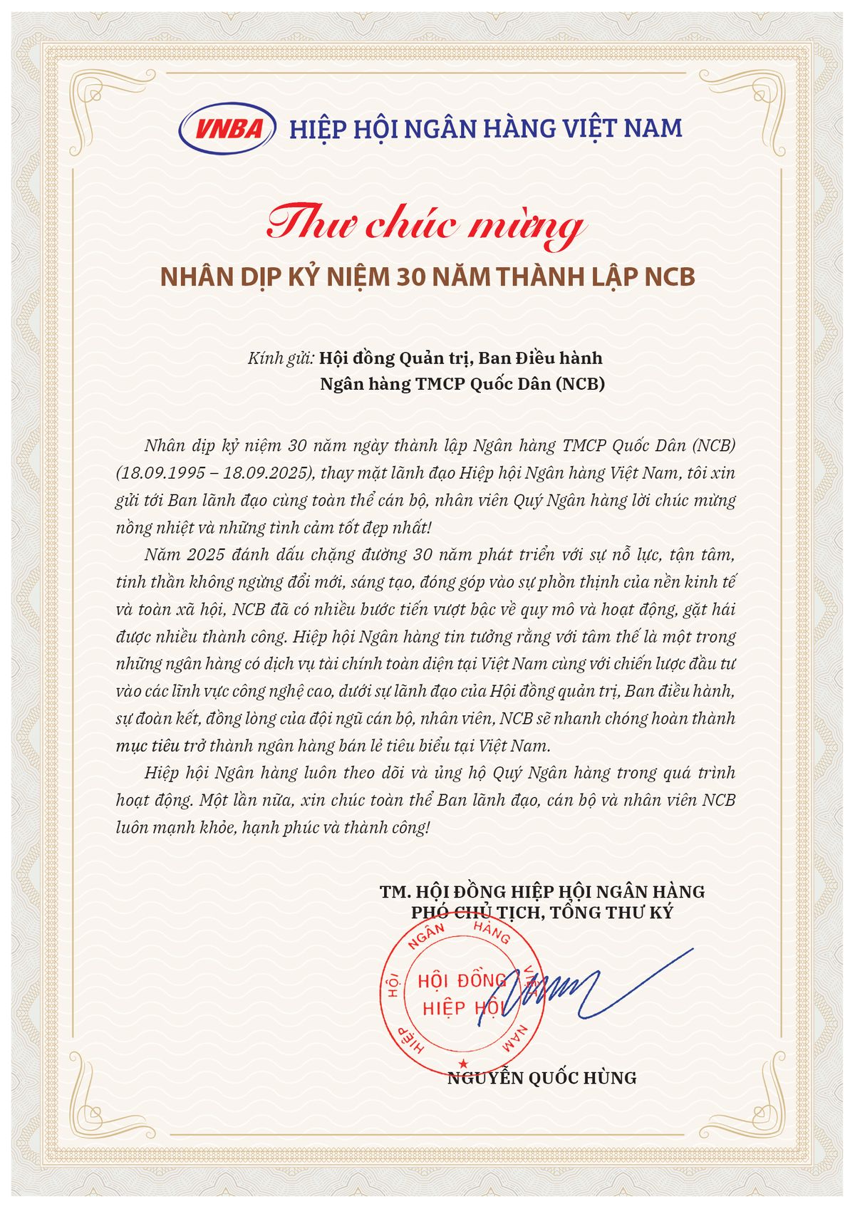 Hiệp hội Ngân hàng Việt Nam chúc mừng NCB nhân dịp kỷ niệm 30 năm thành lập