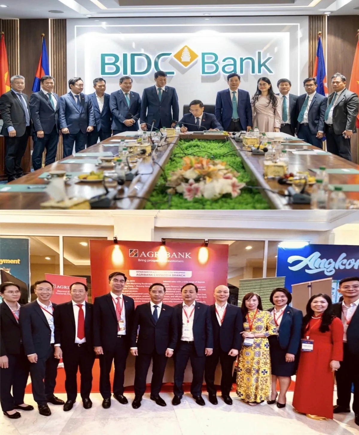 Thống đốc Phạm Đức Ấn đến thăm và làm việc với BIDC và chụp ảnh lưu niệm tại gian hàng của Agribank Chi nhánh Campuchia trong khuôn khổ Diễn đàn Doanh nghiệp Việt Nam – Campuchia 2026