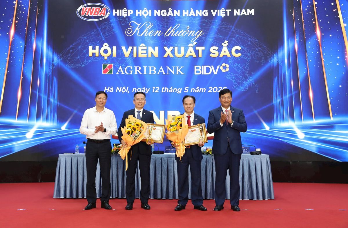 Ông Phạm Toàn Vượng, Chủ tịch Hiệp hội Ngân hàng nhiệm kỳ VII và ông Đỗ Trọng Toàn, Phó Vụ trưởng Vụ Tổ chức cán bộ, Ngân hàng Nhà nước Việt Nam trao tặng cúp biểu trưng và giấy khen cho các đơn vị được trao danh hiệu “Hội viên xuất sắc”