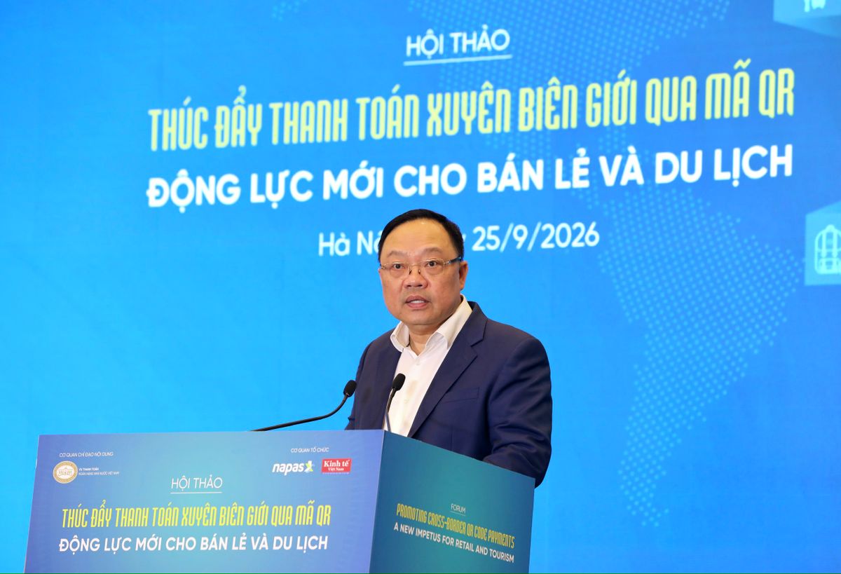Ông Phạm Anh Tuấn - Vụ trưởng Vụ Thanh toán phát biểu tại Hội thảo