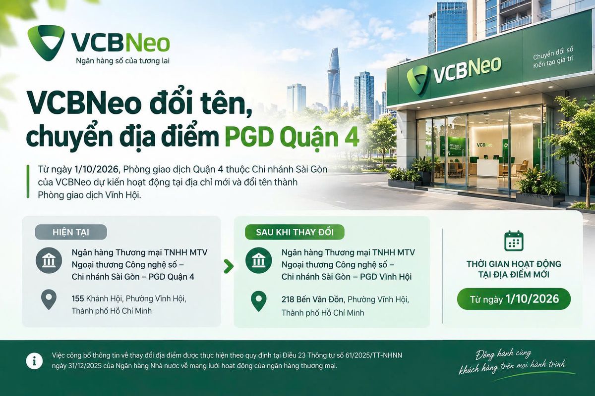 VCBNeo thay đổi địa điểm và tên gọi Phòng giao dịch Quận 4