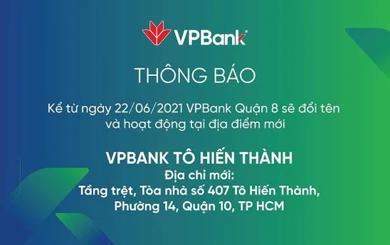 VPBank Quận 8 thay đổi địa điểm và đổi tên