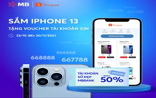 MB tặng voucher giảm 50% phí Tài khoản số đẹp khi mua iPhone 13 và các sản phẩm Apple tại Shopee