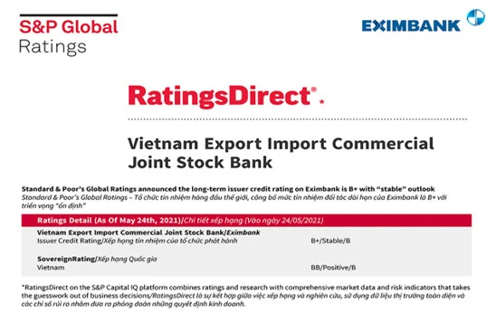 S&P Global Ratings giữ nguyên mức tín nhiệm đối tác dài hạn của Eximbank