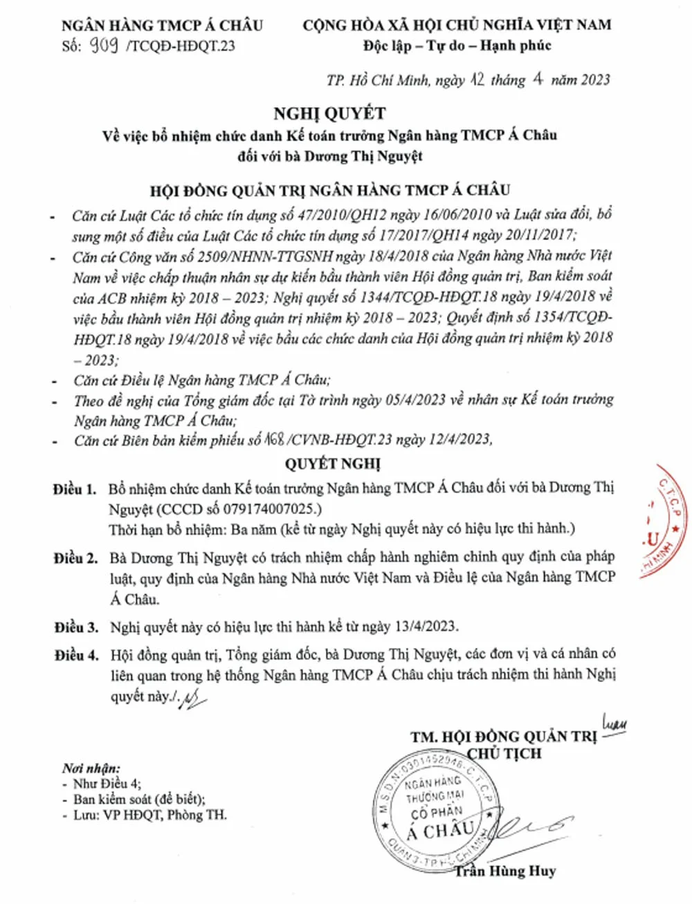Ba Duong Thi Nguyet duoc bo nhiem giu chuc Ke toan truong ACB 1