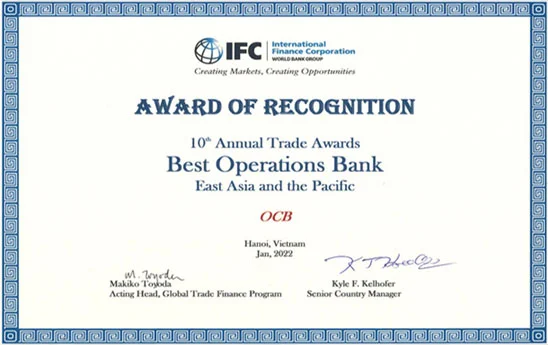 OCB nhận giải thưởng “Ngân hàng chuyên nghiệp nhất trong hoạt động tài trợ thương mại” năm 2021