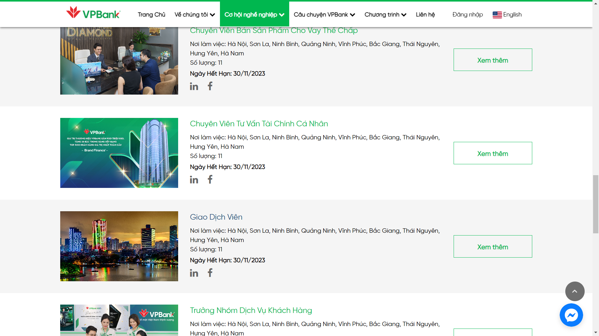 Các vị trí tuyển dụng tại VPbank