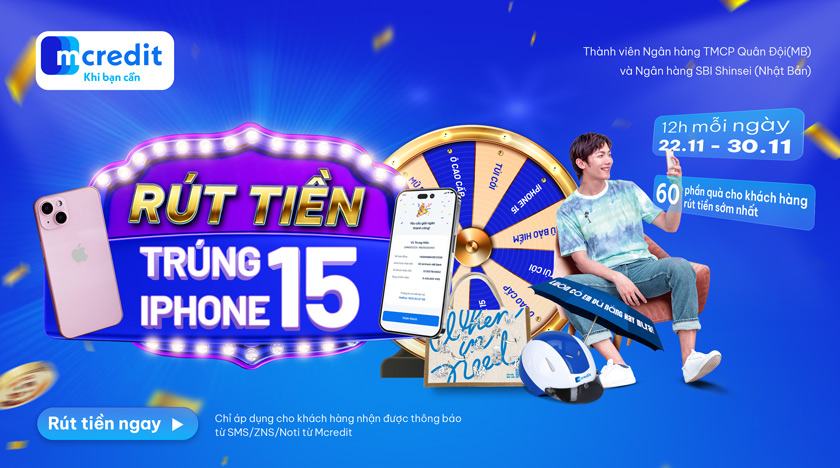 Khách hàng nhận được tin nhắn SMS, Zalo hoặc thông báo, có cơ hội trúng iPhone 15 khi rút tiền qua App Mcredit