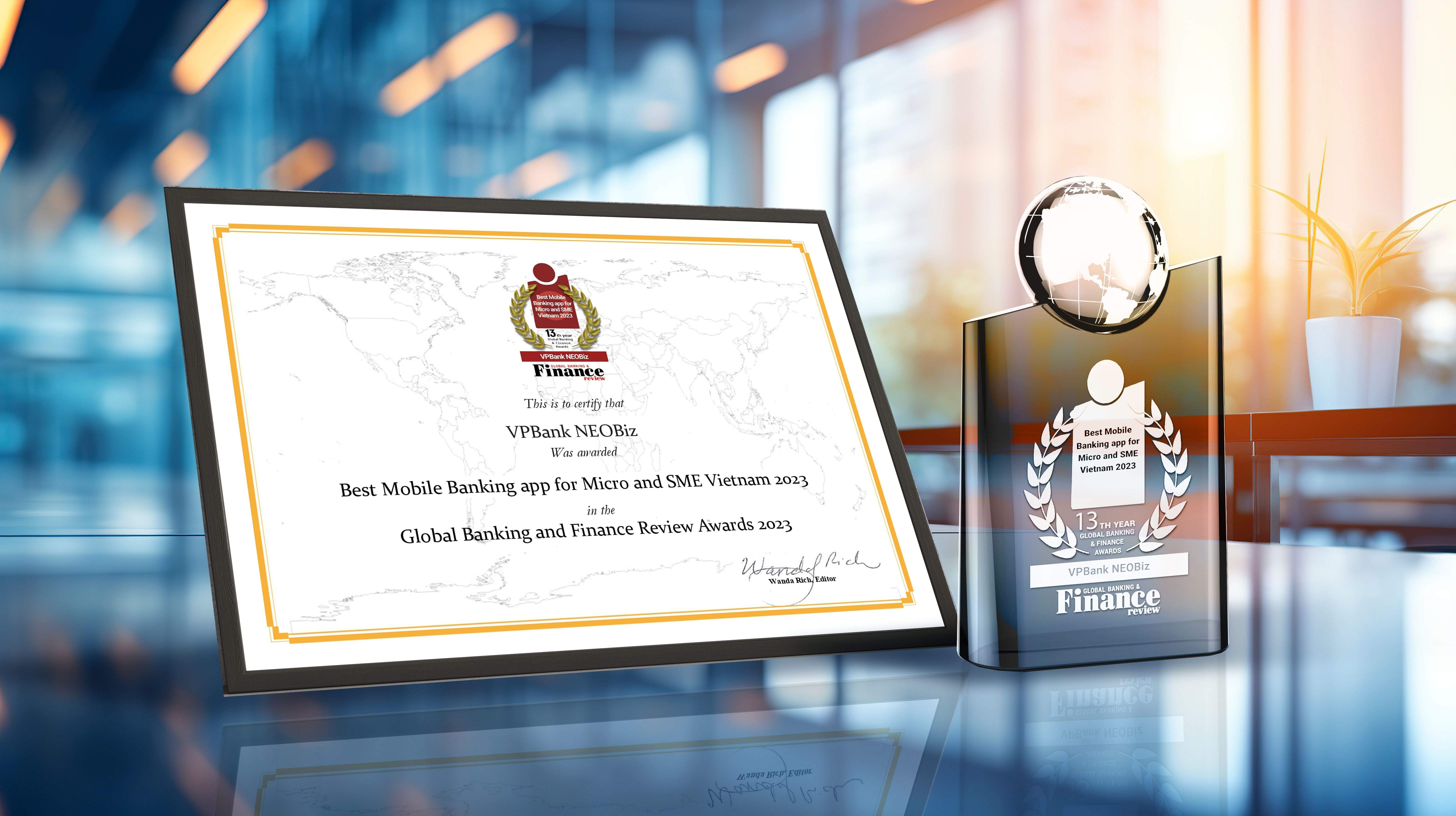 VPBank NEOBiz được Global Banking and Finance Review Awards 2023 trao tặng danh hiệu Ứng dụng ngân hàng tốt nhất dành cho doanh nghiệp vừa và nhỏ và doanh nghiệp siêu nhỏ (Ảnh: VPBank).