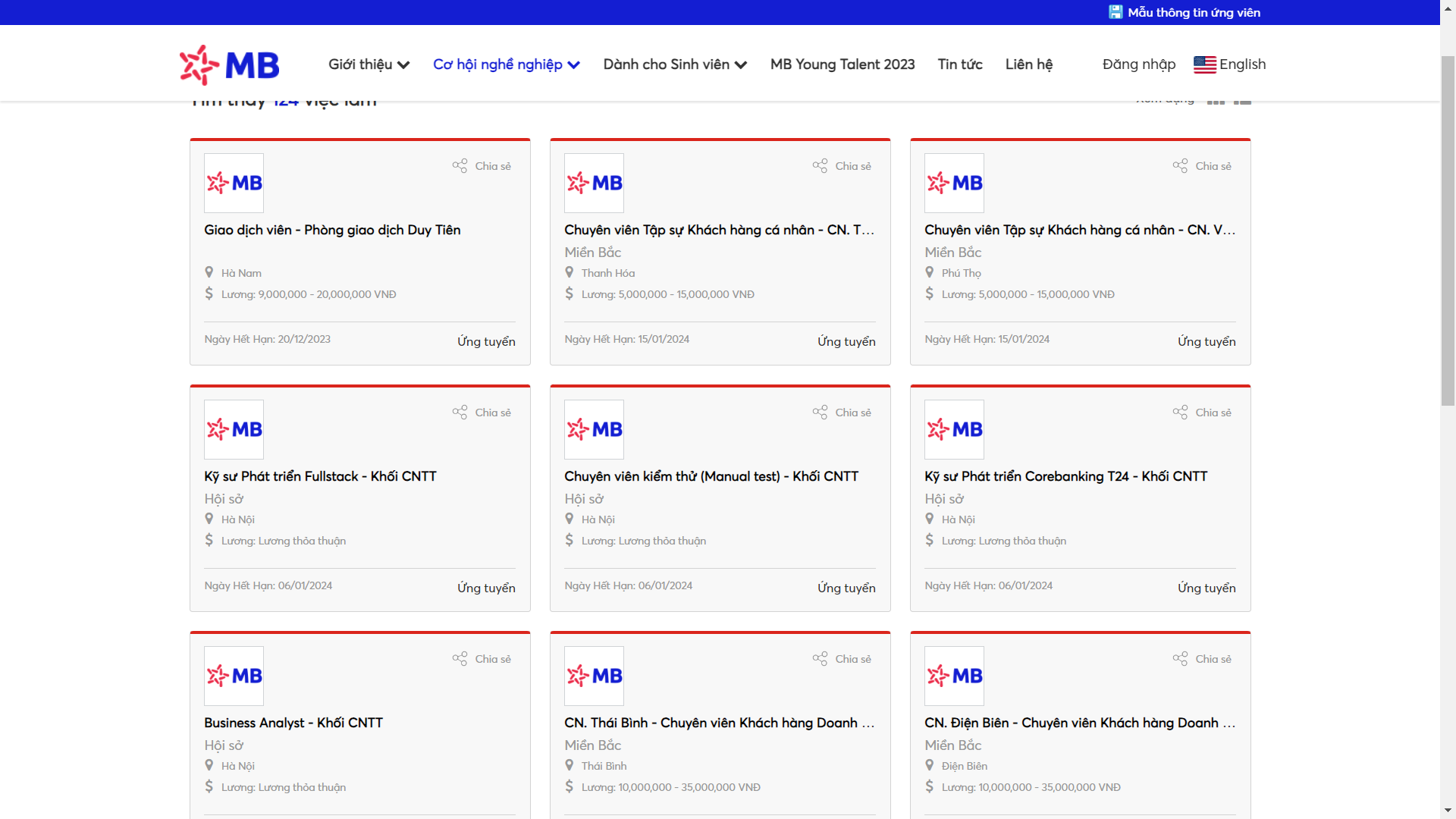 MBBank tuyển dụng các vị trí chuyên viên, kỹ sư, giao dịch viên năm 2024