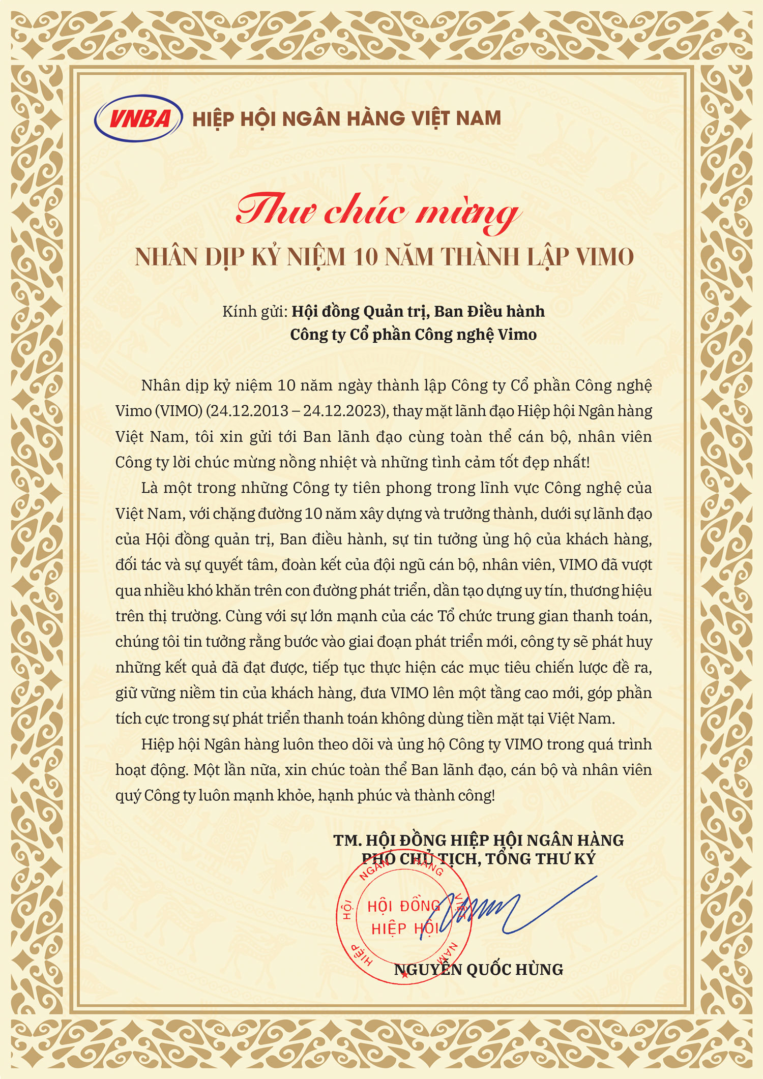 Hiệp hội Ngân hàng Việt Nam chúc mừng Vimo nhân dịp kỷ niệm 10 năm thành lập