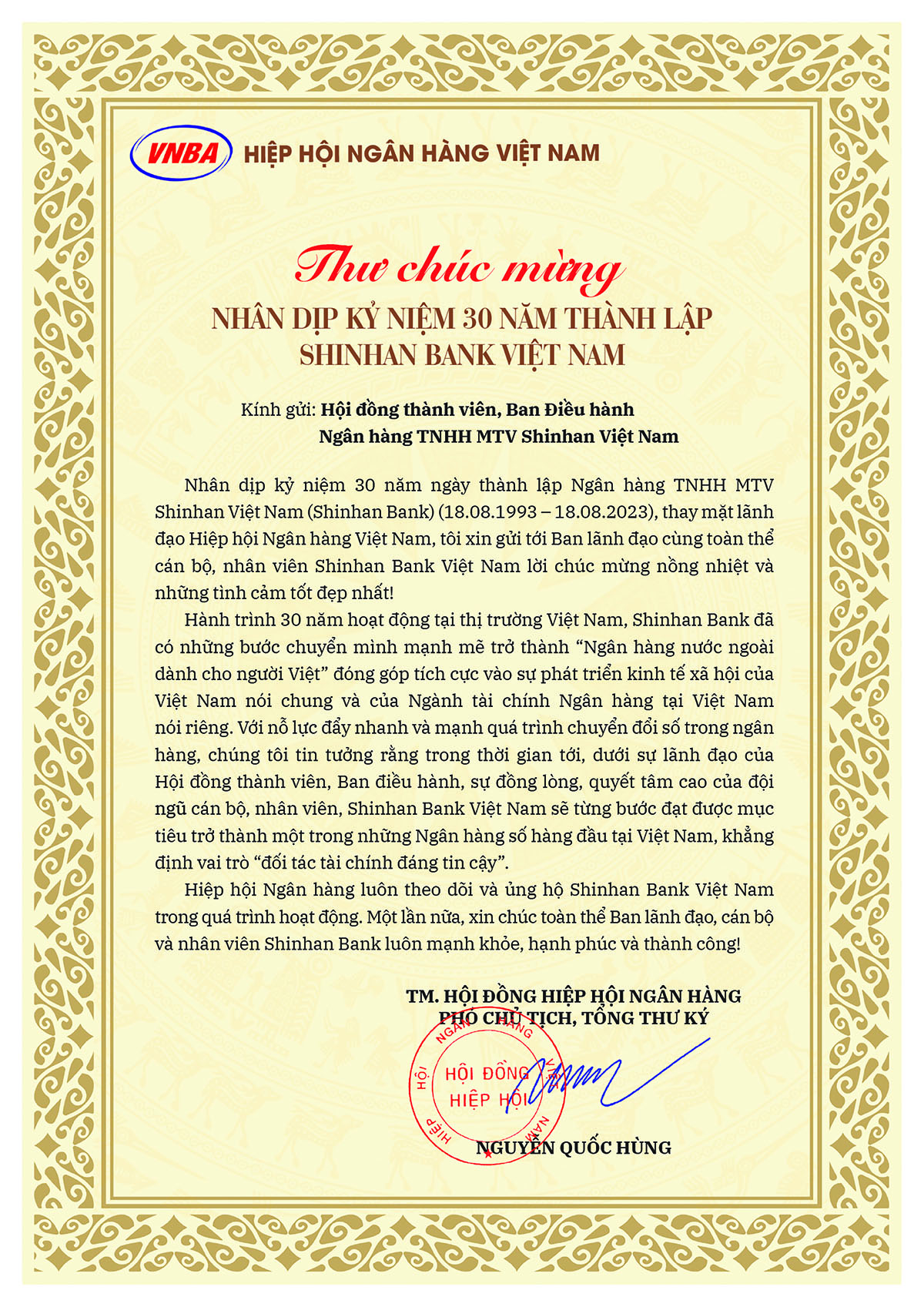 Hiệp hội Ngân hàng Việt Nam chúc mừng Shinhan Bank nhân dịp kỷ niệm 30 năm thành lập
